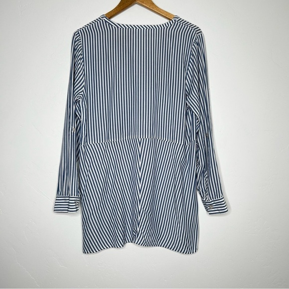J Jill Blue White Striped Button Down Shirt Roll Tab Sleeves Size Medium Office - Picture 3 of 13